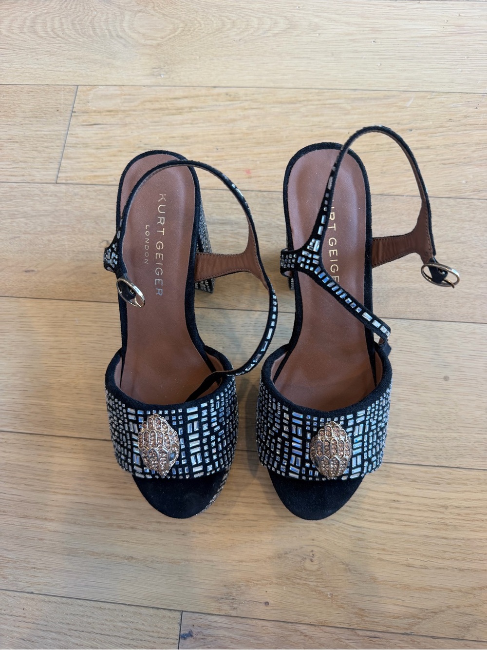 Kurt Geiger Black Beaded Open-Toe Slingback Heels with Gold Medallion